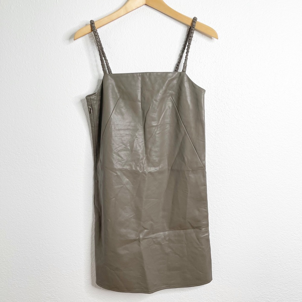 Urban Revivo Taupe Grey Faux Leather Mini Dress Ruched Straps Square Neck US 4